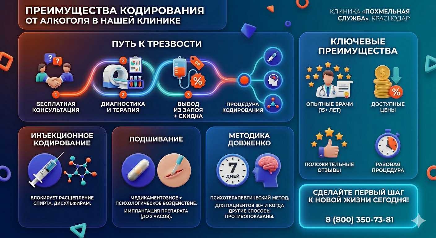 Инфографика о методах кодирования от алкоголя в Новой Отрадовке: инъекции, подшивание, метод Довженко. Преимущества клиники и этапы лечения.