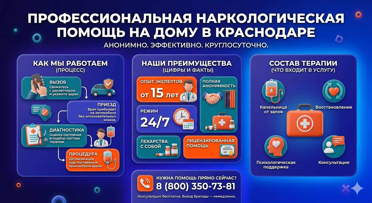 Инфографика о принципах лечения алкоголизма на дому в Новой Отрадовке: этапы вызова нарколога, преимущества анонимной детоксикации и состав медицинской помощи.
